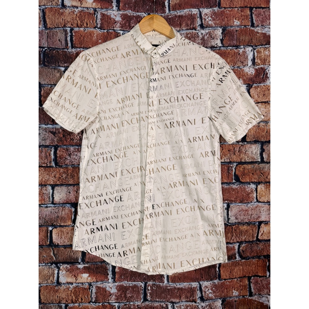 Armani Exchange Mens White Tan All Over Logo Print Short Sleeve Button Down